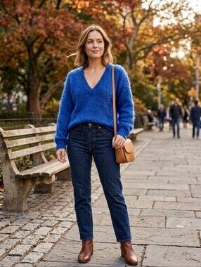 Femme Moda Sweater Pullover Womens sz M Petite Blue V-Neck 3/4 Mohair Blend